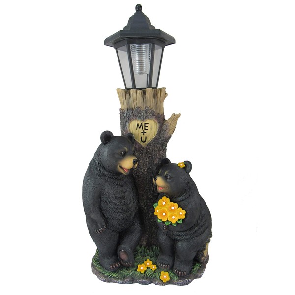 DWK - Bear's First Date - Adorable Black Bear Couple Flirting by Tree Trunk Outdoor Solar Powered Lantern Romantic Valentine's Day Home & Garden Decor Lighting Accent, 19-inch