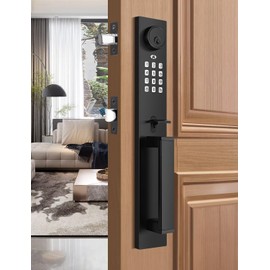 Tinewa Keyless Entry Door Lock with Lever, Full Escutcheon Smart Door Handle, Digital Keypad Deadbolt with App, Front Door Handleset with Single Cylinder Deadbolt and Lever, Auto Locking, Black Finish