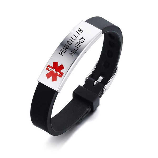 HEABY Medical Alert ID Bracelet Laser Engraved PENICILLIN Allergy Adjustable Wristband for Men Women Emergency First Aid