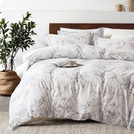 100% Natural Cotton 2pcs Floral Duvet Cover Sets - Grayish White Duvet Cover with Gray Luxurious Flowers & Branches Pattern,Botanical Comforter Cover Sets with Button Closure(Twin，1 Pillowsham）