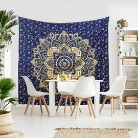 Color Decor Gold & Blue Ombre Mandala Tapestry - Large Boho Wall Hanging - Twin Size (30" x 40" Inches) - Hippie Lotus Bedspread
