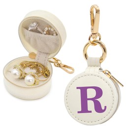 Mini Initial Travel Jewelry Case Ring Holder, Beige Faux Leather Small Jewelry Organizer Box Gifts for Women Girls Nurse Teacher, Gym Travel Accessories Keychain Pouch for Earrings Rings Necklace R