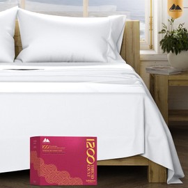 Mayfair Linen 100% Egyptian Cotton Queen Sheet Set - Luxury 1200 High Thread Count Egyptian Cotton Sheets Queen Size (4 PC, White), Silky Soft, Cooling, 17" Deep Pocket Sateen Weave Hotel Bedding