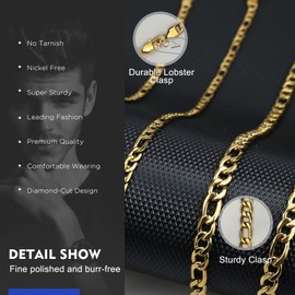 Evegfts Gold Chain for Men, 7MM Mens Chain Figaro Chain Necklace for Men Women Super Sturdy Shiny 316L Stainless Steel Mens Chain Necklaces Super Sturdy Shiny 26 Inch