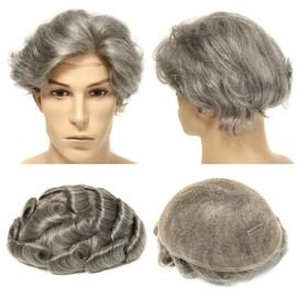 Topunique Mens Swiss Lace Human Hair Piece, #365 Dark Brown with 65% Gray Hair 110% Medium Density 8x10 Inch Base Size Single-Knotted Invisible Hairline Toupee for Men