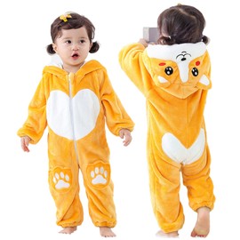 MUST ROSE SPORTS AND HOMEWEAR Unisex Baby Flannel Romper Animal Onesie Costume Hooded Cartoon Outfit Suit (yellow Shiba Inu, 110(24-30M)