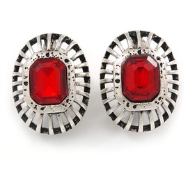 Vintage Inspired Dome Shape Red Glass Oval Clip On Earrings In Silver Tone - 23mm Tall