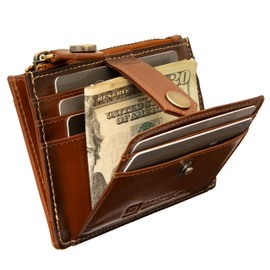 Leather RFID Blocking Money Clip Mini Wallet with ID Window for Men and Women (Antiqued Brown)