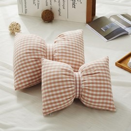 Poowe Bow Shape Throw Pillows with Pom Pom Soft Cotton Decorative Reversible Pillow Cushion for Bed Couch Office-Brown Gird