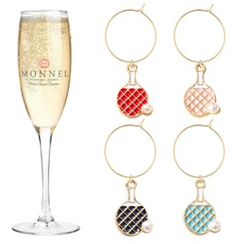 MONNEL P730 Assorted Little Table Tennis Racket Wine Charms Glass Markers Tags for Party Decorations with Velvet Bag- Set of 4