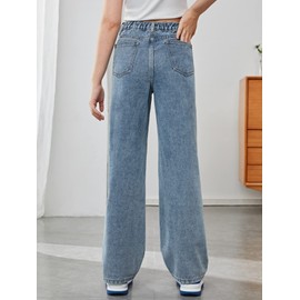 WDIRARA Girl's High Waisted Straight Leg Button Jeans Casual Pocket Denim Pants Medium Blue 10-11Y