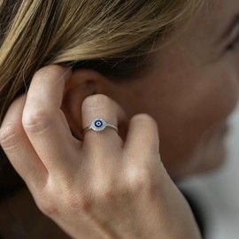 MATERIA by Matthias Wagner Evil Eye Ring 925 Silver Women's Open Zirconia Rings SR-21, Zirconia enamel