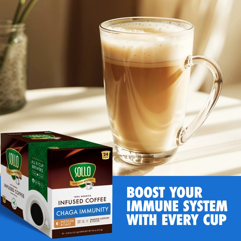 Sollo Infused Chaga Coffee Pods, Medium Roast, For Keurig Brewers,