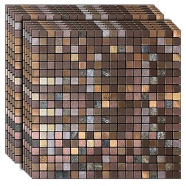YMMXGE 10-Sheet Peel and Stick Metal Backsplash Tile Stick on Kitchen 3D Wall Decor Aluminum Mosaic Tiles for Bathroom, 12"x12"x0.15" (10, Green Printed + Copper Mixed)