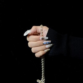 WhyNotNailIt Elegant Pearl and Chrome Handmade False Nails - 10 pc Set with Jelly Gel, Sophisticated Reflective Finish with Luxury Gem Accents, Premium Press-Ons for Timeless Glamour