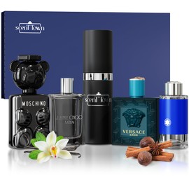 Scentown Mens Cologne Gift Sets Mini Bottle – Designer Mens Cologne Sampler Sets with Empty Refillable Atomizer – Box Includes Versace, Moschino, Mont Blanc, Jimmy Choo Travel Size (0.17 Oz Each)