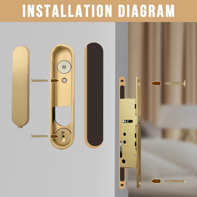 Pocket Door Hardware Gold，Privacy Pocket Door Lock with Pull, Sliding