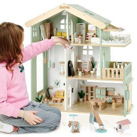Joylike Wooden Dollhouse for Kids, Family Dollhouse with 53PCS Including Toy Figures, Furniture and Accessories, Ideal Gift for Kids Ages 3+