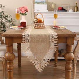 Tosleo Jute Boho Table Runner for Summer Home Decor 106 Inches Long Farmhouse Table Runner Khaki Linen Table Runner with Lacework for Dining Living Room Bedroom Bridal Shower (15x106 Inches)