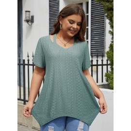 Bulotus Plus Size Summer Tops for Women 2024, Long Tunic Tops to Wear with Leggings Plus Size Summer Long Shirts Asymmetrical Tops for Women Loose Fit Dressy Short Sleeve Summer Shirts, T-Green, XXXL