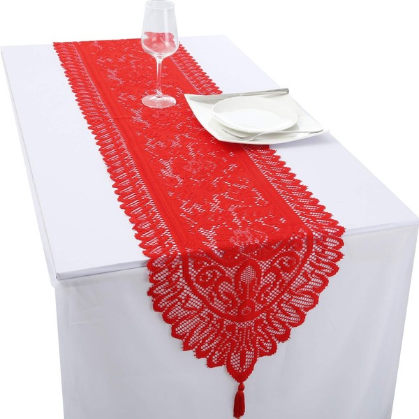 mookaitedecor 13x54 Inch Red Lace Table Runner for Wedding Festival Party Christmas Table Centrepiece Home Desk Decor, Vintage Elegant Floral Coffee Dressing Table Runner with Tassels