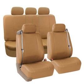 FH Group PU309115 Built-in Seat Belt Compatible PU Leather Seat Covers (Tan) Full Set – Universal Fit for Cars Trucks & SUVs