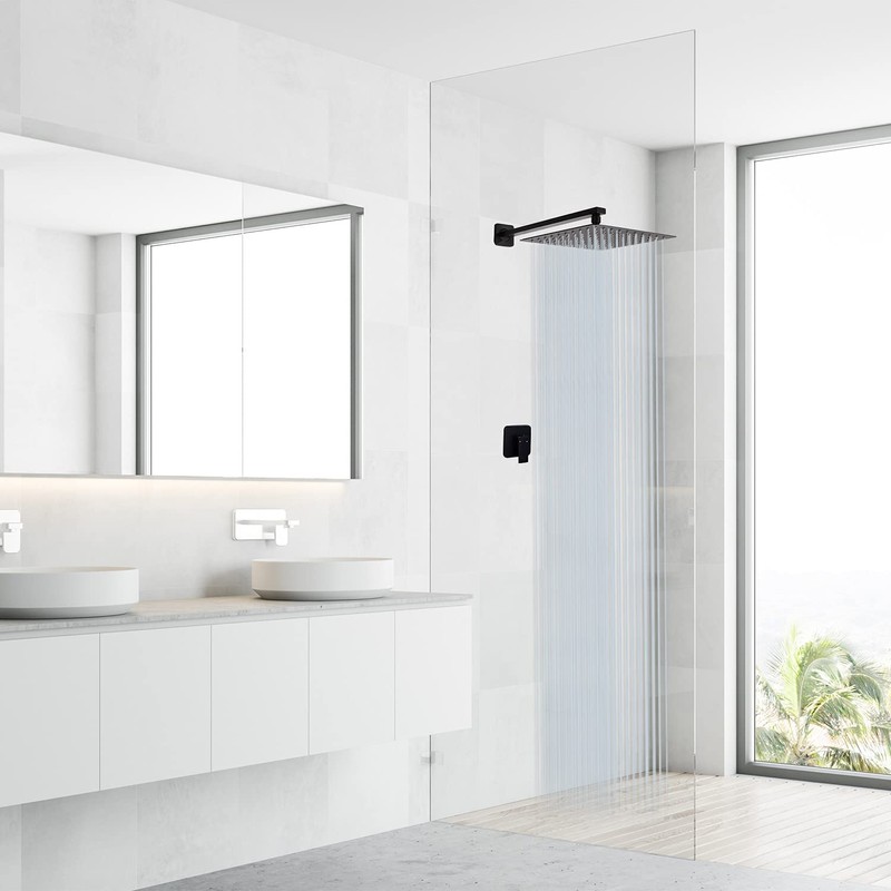 Rain Shower Head Black with Extension Arm 12 Inch Square