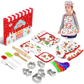 LEMESO Children's Christmas Cooking Set 16 Pieces Baking Set Kitchen Toy Children's Apron Chef Hat Pot Glove Christmas Apron Toy Children