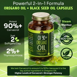 Maju Superfoods Oil of Oregano with Black Seed Oil Capsules, 2-in-1 Softgel, Potent 90%+ Carvacrol, High Thymoquinone, 60 Count, 500mg per Serving, Wild Oregano and Black Seeds