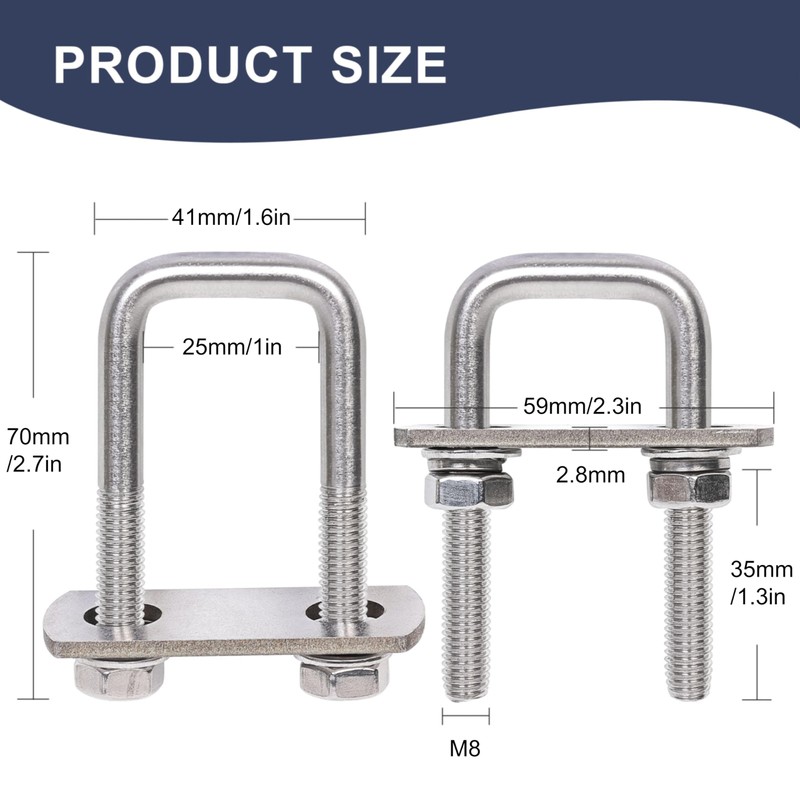 SRZTXU 4 Sets M8 Square U-Bolts,u-Bolts 1 inch Wide,304 Stainless