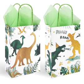 DjinnGlory 36 Pack Small T-Rex Dino Dinosaur Themed Gift Bags with Handles and Green Tissue Paper for Boys Girls Kids Birthday Party Favors Treats Goodies, 9x5.5x3.15 Inch (2 Assorted Designs)