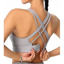 High Impact Sports Bra for Women - Criss-Cross Back, Molded Cups, Hook and Eye Closure - High Support Running Bra Grey