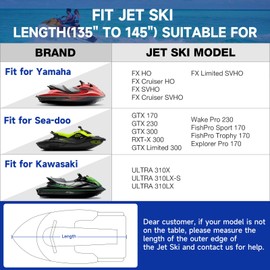 JUSTHUNDER Jet Ski Cover, Heavy Duty Waterproof 210D Jetski Covers, Marine Grade Oxford Cloth UV Protection PWC Cover Compatible with Yamaha Waverunner Seadoo Spark Kawasaki, Fit Lengths 135'' to 145"