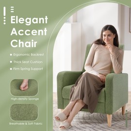COLAMY Modern Upholstered Accent Chair Armchair with Pillow, Fabric Reading Living Room Side Chair,Single Sofa with Lounge Seat and Wood Legs, Green