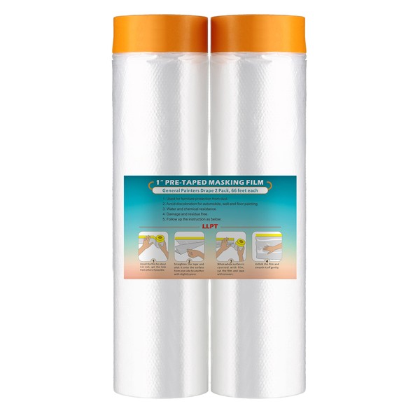 LLPT Tape and Drape Pre-Taped Masking Film | 270cm(Unfolded) x 20m | Each 2 Pack | General Painters Plastic Drop Cloth for Auto Wall Furniture Painting Spraying from Dust Contamination (MFT2702)