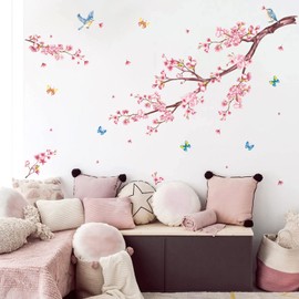 decalmile Cherry Blossom Flower Wall Decals Floral Tree Branch Wall Stickers Bedroom Living Room TV Wall Art Decor