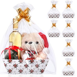 Nuogo 6 Pack Christmas Basket for Gift Empty 6 x 10'' Christmas Basket with Bag, Bow, DIY Gift Basket Box Tray with Handle for Christmas Birthday Party Gifts