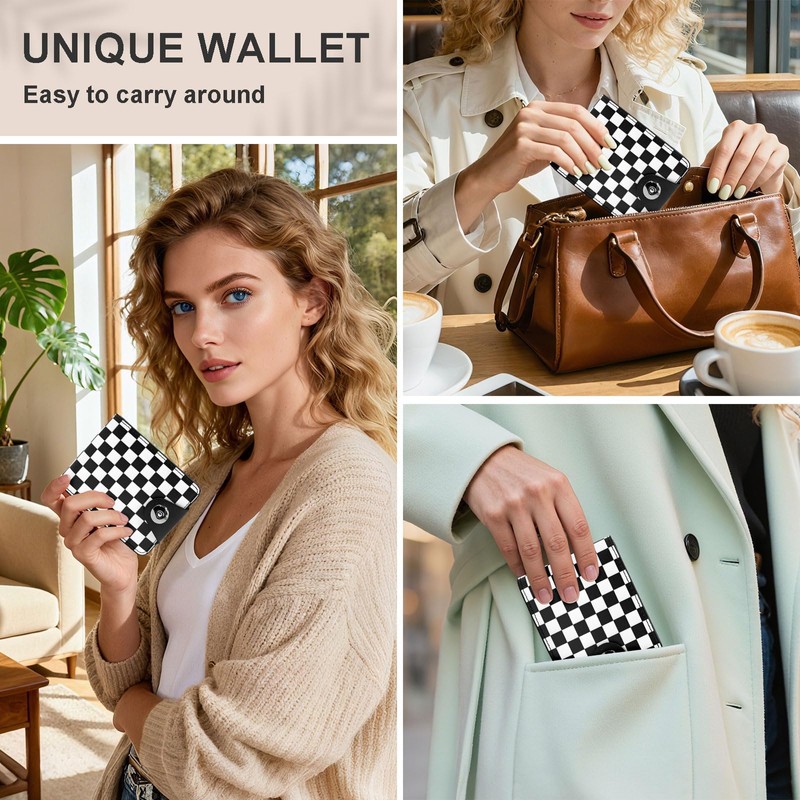 Tezmd Black and White Checkered Small Wallet Leather Slim Bifold