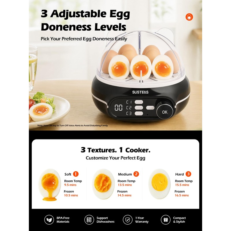 SUSTEAS Rapid Egg Cooker 9 Eggs, Soft, Medium, Hard Boiled,