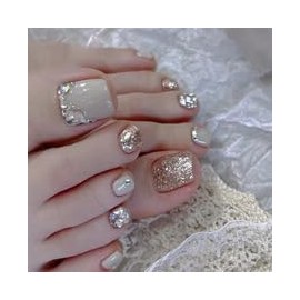 Mgmxbsth 24PCS Fake Nails,False Toenails Fashion Square Short, Full Cover False Nails Clip Press on Toeart Tips for Women and Girls(Champagne Gold）