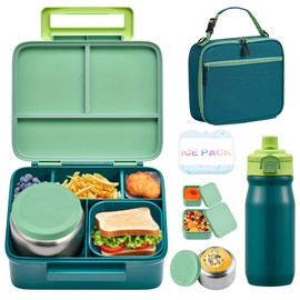 MAISON HUIS Kids Bento Box Set - Includes 8oz Soup Thermo, Insulated Lunch Bag & 17oz Stainless Steel Water Bottle, 5-Compartment Bento Box with Built-In Ice Pack, Leak-Proof & BPA-Free(Green)