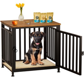 JSTTANC Heavy Duty Dog Crate Furniture, Dog Kennel Indoor, Anti-Chew Anti-Escape with Bed Crate Pad End Side Table Wooden Dog Crate for Small Dog