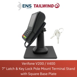 ENS Tailwind Verifone V200/V400 7" Latch and Key Lock Flexipole Plus Pole Mount Terminal Stand with Square Freestanding Mobility Base Plate, Black