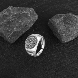 Men's Rings Viking Vegvisir Rings 925 Sterling Silver Viking Runes Ring Compass Finger Ring Viking Jewellery for Men Women, Precious metal