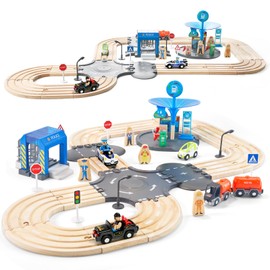 JugueteLand 59 Pcs Wooden Train Set for Toddlers, Toy Train with Track for Kids Ages 3-6, Deluxy Double Track City Police Station Railway Playset Gifts for Boys and Girls Ages 3+