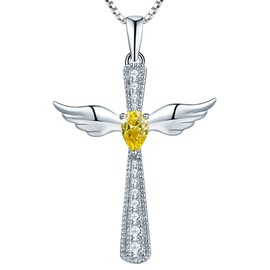 YL Cross Necklace 925 Sterling Silver Angel Wings Pendant Teardrop Created Topaz Criss Jewelry for Women