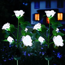 XVZ Solar Flower Outdoor Garden Lights,2 Packs Solar Garden Stake Lamps with 10 Rose Flower Waterproof Decorative Lights for Lawm Garden Patio Yard Pathway Party Holiday Decoration(White)