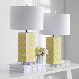 Safavieh Lighting Collection Quatrefoil Yellow 27-inch Bedroom Living Room Home Office Desk Nightstand Table Lamp (Set of 2) - LED Bulbs Included