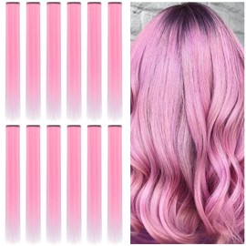 12PCS Colored Hair Extensions Pink Hair Extensions Clip in Colorful Hair Extensions 22 Inch Rainbow Hair Extensions for Girls Women