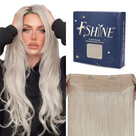 fshine Invisible Wire Human Hair Extensions 14 Inch 70g Color 1000 White Blonde Fish Line Hair Extensions with 2 Clips Hair Blonde Hidden Wire Remy Hair Extensions for Women